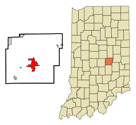 Hancock County Indiana Incorporated and Unincorporated areas Greenfield Highlighted.svg