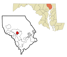 Harford County Maryland Incorporated and Unincorporated areas Bel Air Highlighted.svg