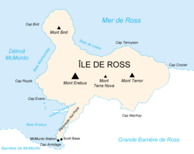 Carte de l'île de Ross montrant le cap Armitage au sud.