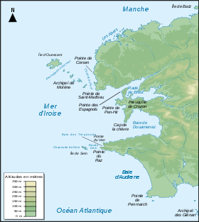 Carte de la mer d'Iroise avec la presqu'île de Crozon au centre.