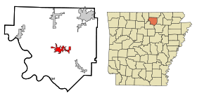 Izard County Arkansas Incorporated and Unincorporated areas Melbourne Highlighted.svg