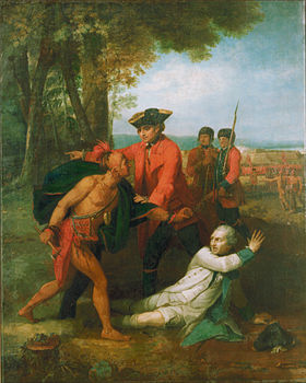 Image illustrative de l'article Le Général Johnson sauvant un officier français blessé du tomahawk d'un Indien d'Amérique du Nord