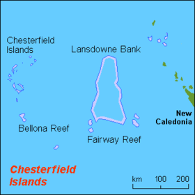 Carte des îles Chesterfield et des récifs de Bellone