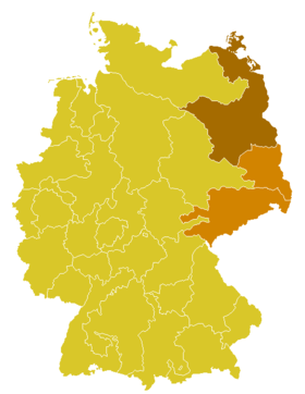 La province ecclésiastique de Berlin, avec l'archidiocèse de Berlin en brun foncé.
