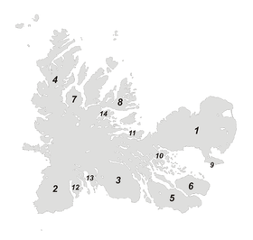 Carte des îles Kerguelen avec la localisation des principales péninsules : en 5, la presqu'île Jeanne d'Arc.