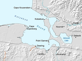 Carte du golfe de Kotzebue avec la péninsule en son centre.