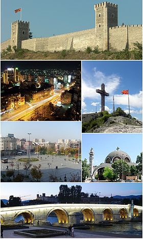 De haut en bas, de gauche à droite : la forteresse de Kale, la rue de Macédoine, la croix du Millénaire, la place de Macédoine, la cathédrale Saint-Clément d'Ohrid, le pont turc