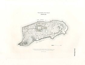 Carte du milieu du XIXe siècle de l'ancienne île de Philaé et de ses temples.