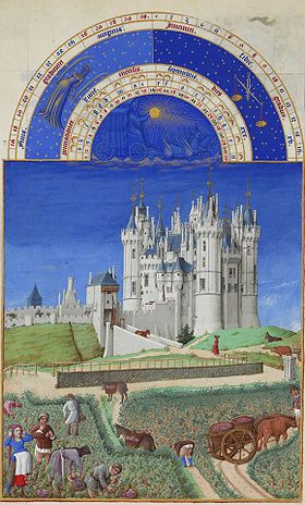 Enluminure des Très Riches Heures du duc de Berry représentant le château de Mehun au XVe siècle