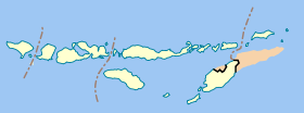 Carte des petites îles de la Sonde partagées entre l'Indonésie (en clair) et le Timor oriental (en marron).