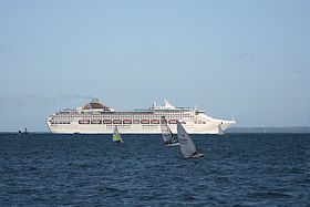 MV Oceana passing Calshot Spit light.JPG