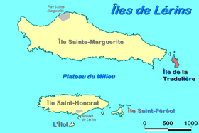 Carte des îles de Lérins avec l'îlot de la Tradelière.