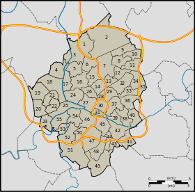 Carte des 55 quartiers de Charleroi. La Ville-Haute porte le numéro 30.