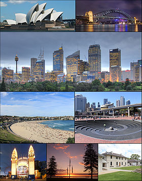 De haut en bas et de gauche à droite : Opéra de Sydney, Harbour Bridge, CBD, plage de Bondi, Darling Harbour, Luna Park, Botany Bay et Old Government House à Parramatta.
