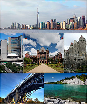 De haut en bas et de gauche à droite : centre-ville avec la tour CN depuis les îles de Toronto, hôtel de ville, Ontario Legislative Building, Casa Loma, viaduc du Prince Édouard et falaises de Scarborough.