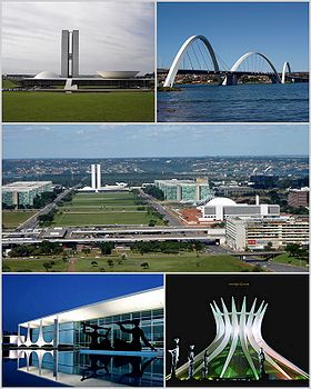 De haut en bas et de gauche à droite : Congrès National du Brésil, Pont Juscelino Kubitschek, Eixo monumental, Palácio da Alvorada, Cathédrale de Brasilia.