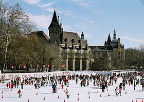 L'étang de Városliget transformé en patinoire au pied du monument.