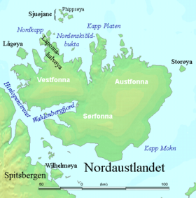 Carte d'une partie du Svalbard, Wilhelmøya se trouve au sud-ouest.