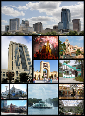 De haut en bas et de gauche à droite : Downtown Orlando, Château de Cendrillon, Amway Center, Citrus Bowl, fontaine du lac Eola, Orlando Bridge, Aéroport international d'Orlando.