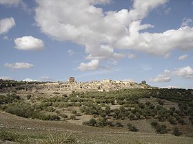 Panorama sur le site de Dougga au milieu des champs d’olivier