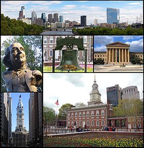 De haut en bas et de gauche à droite : panorama de Philadelphie, statue de Benjamin Franklin, Liberty Bell, Philadelphia Museum of Art, Philadelphia City Hall et Independence Hall.