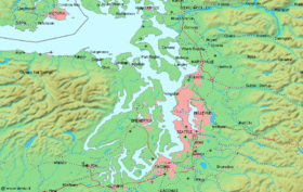 Carte de la péninsule de Kitsap baignée par le Puget Sound et entourée par la péninsule Olympique à l'ouest et le continent américain à l'est.