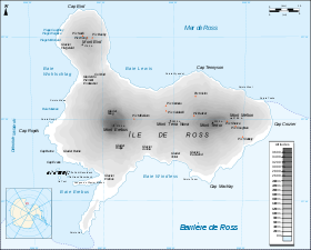 Carte de l'île de Ross montrant le cap Evans au sud-ouest.