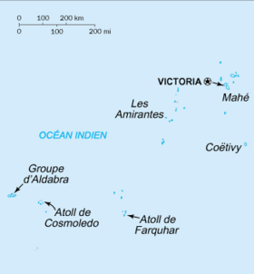 Carte des Seychelles montrant les îles Intérieures (autour de Mahé) et les îles Extérieures (îles Amirantes, Coëtivy, atoll Farquhar, Cosmoledo et Aldabran).