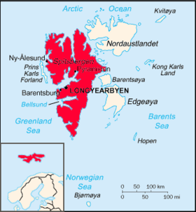 Localisation de Spitzberg (en rouge) dans le Svalbard.