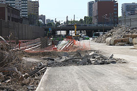 Chantier de construction du T3 est à la porte de la Chapelle en mai 2010.