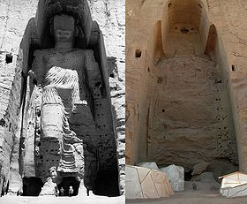 La statue du grand Bouddha avant et après sa destruction en mars 2001