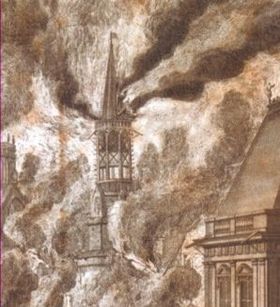 Gravure de l’incendie de 1720 où l’on voit la tour en arrière-plan derrière le parlement de Bretagne.