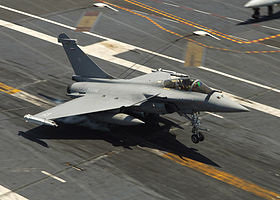US Navy 070723-N-0916O-118 A French Rafale M combat aircraft from the French nuclear-powered aircraft carrier Charles De Gaulle lands on the flight deck of the nuclear-powered aircraft carrier USS Enterprise (CVN 65).jpg