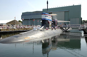 US Navy 080621-N-8467N-001 Pre-commissioning Unit New Hampshire (SSN 778) sits moored to the pier at General Dynamics Electric Boat shipyard moments before her christening ceremony commenced.jpg