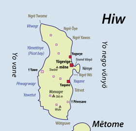 Carte toponymique de Hiw, montrant les villages habités (rouge) et les anciens hameaux aujourd’hui désertés (rose).