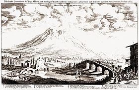 Gravure de Matthäus Merian représentant des habitants fuyant l'éruption du Vésuve.