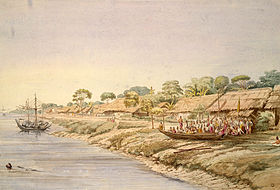 Henzada vu du fleuve en 1855 aquarelle et plume de Colesworthy Grant (1813-1880)