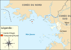Position de l'archipel de Yeonpyeong (en orange au centre) au nord-ouest de la Corée du Sud.