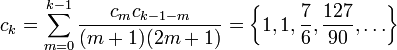c_k=\sum_{m=0}^{k-1}\frac{c_m c_{k-1-m}}{(m+1)(2m+1)} = \left\{1,1,\frac{7}{6},\frac{127}{90},\ldots\right\}