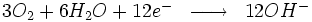 \begin{matrix} & \\ 3O_2 + 6H_2O + 12e^- & \overrightarrow{\qquad} & 12OH^-  \\\end{matrix}