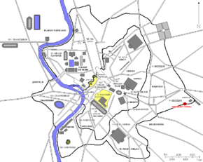 Localisation de l'amphithéâtre dans la Rome Antique (en rouge)