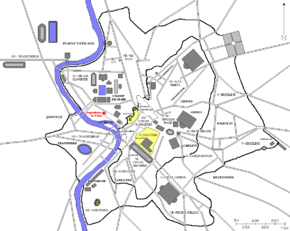 Localisation de l'Amphithéâtre de Néron dans la Rome Antique (en rouge)