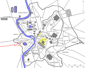 Plan de la Rome antique avec l'Aqua Traiana en rouge.
