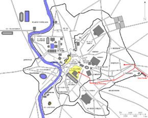 Plan de la Rome antique avec l'Aqua Claudia et l'Arcus Neroniani en rouge.
