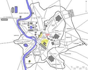 Localisation de la Bibliothèque de la Paix dans la Rome antique (en rouge)