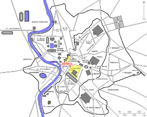 Localisation de la Bibliothèque du Temple d'Auguste dans la Rome antique (en rouge)