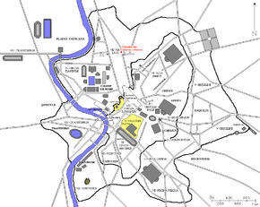 Localisation de la Caserne des cohortes urbaines dans la Rome antique (en rouge)