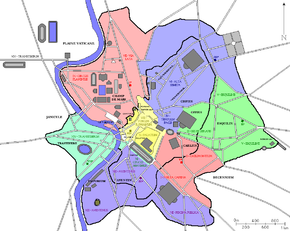 Localisation des casernes des VII Cohortes de vigiles dans la Rome antique, ainsi que leurs aires d'influence.