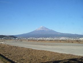 Le Mont Fuji et un pont sur le fleuve Fuji