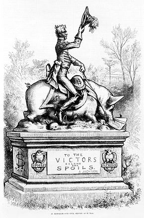 "Aux vainqueurs appartiennent le butin" (4 mars : Système des dépouilles) ; caricature publié dans l'Harper's Weekly en 1877.